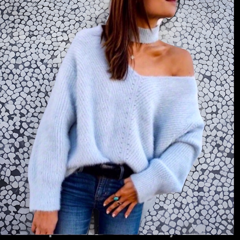 Rare Choker Loose SOO Soft Plush Open Shoulder light Baby Blue Sweater